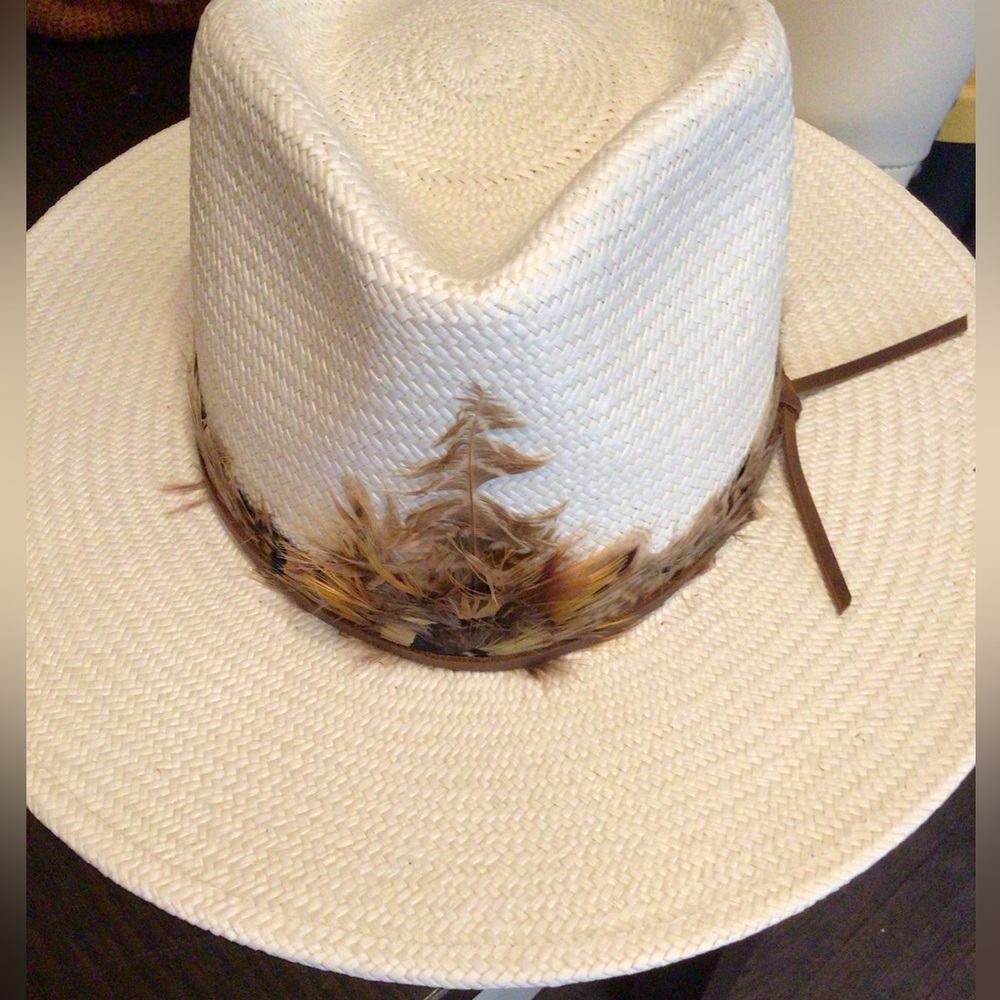 NEW! Rare Wyeth x Olin White Straw Cowboy Hat with Feather Trim